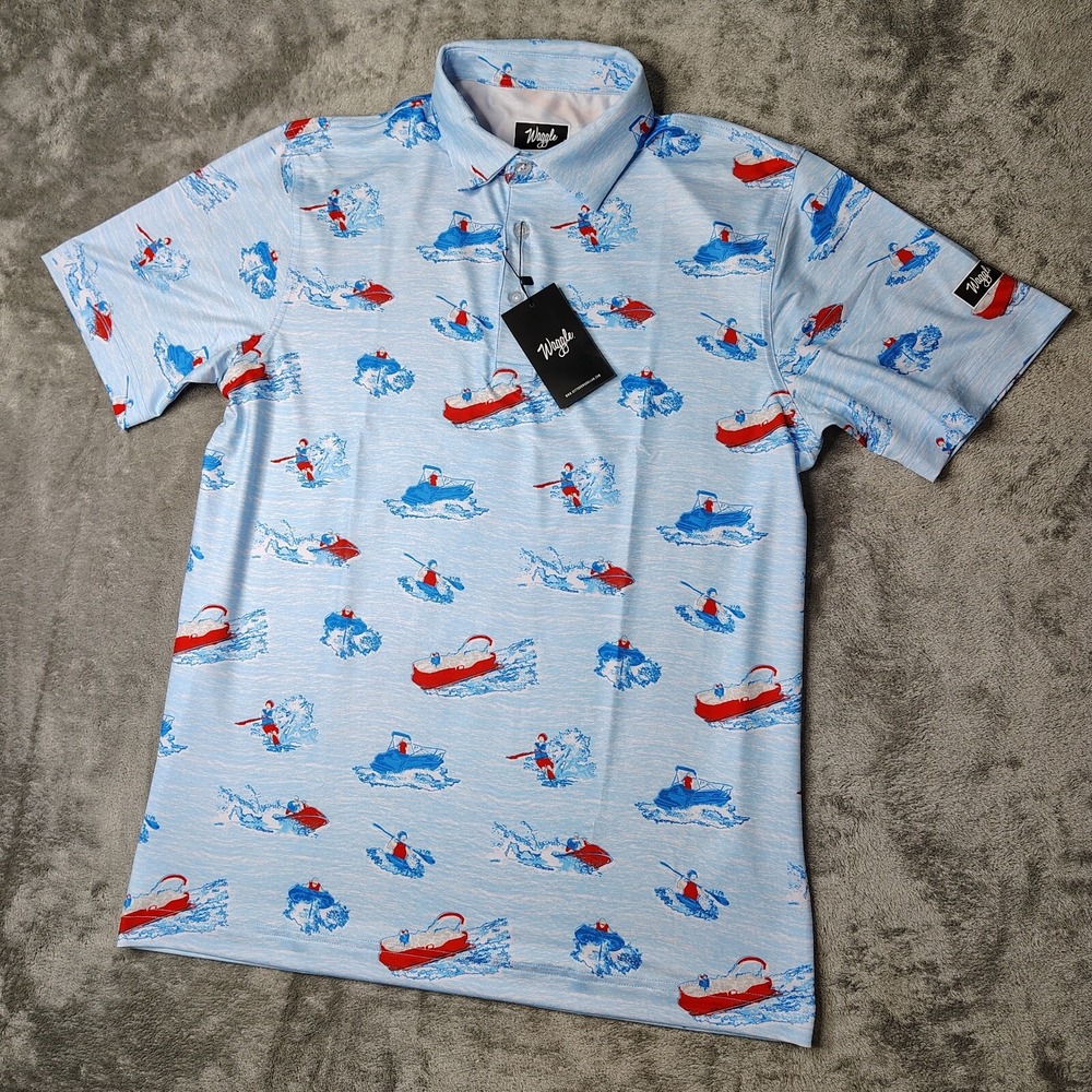 Waggle Lake‎ Life Polo Shirt Mens 2XL Light Blue Boat Print Performance Stretch - Picture 2 of 11